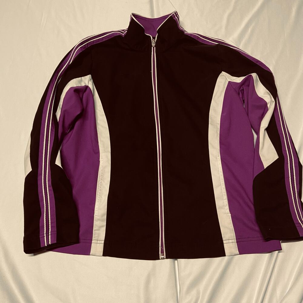 JC Penny Jacket Athletic Purple Black Full Zip Front 2 Pockets Stretchy Size L